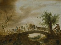 GG 354  GG 354, Cornelis Saftleven (1607-1681), Brücke mit Flucht nach Ägypten, 1652, Eichenholz, 43 x 49,2 cm : Landschaft, Personen, Tiere